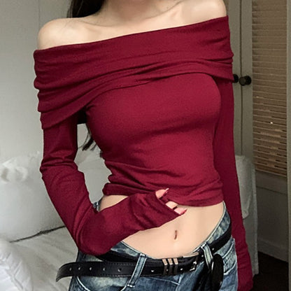 Top in Wine Red with Draped Bardot Neck - wine red draped neckline close-up