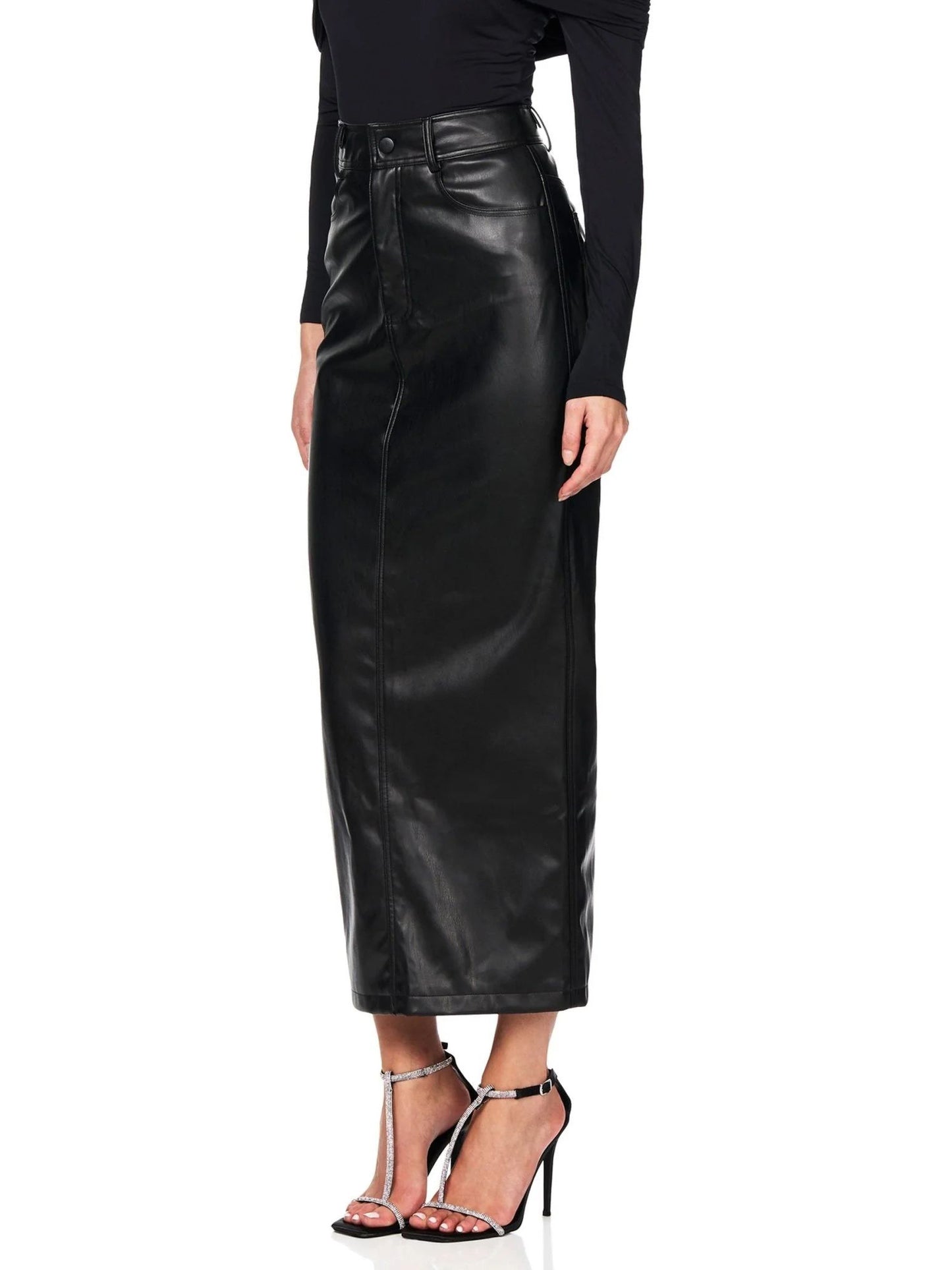 Black Faux Leather High-Waist Maxi Pencil Skirt — hem and length close-up