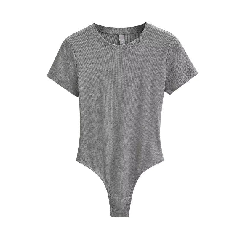 Bodysuit in Stretch Cotton with Short Sleeves - light gray front view