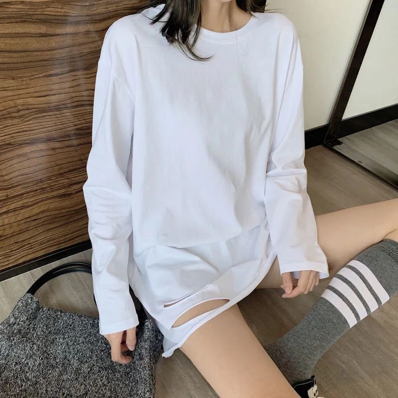 Longline Top in White with Plain or Distressed Hem - white distressed hem seated front view