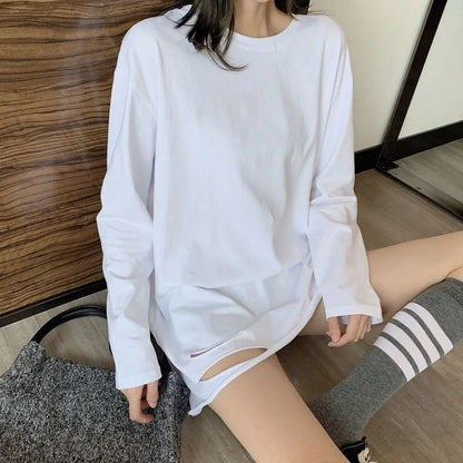 Longline Top in White with Plain or Distressed Hem - white distressed hem seated front view