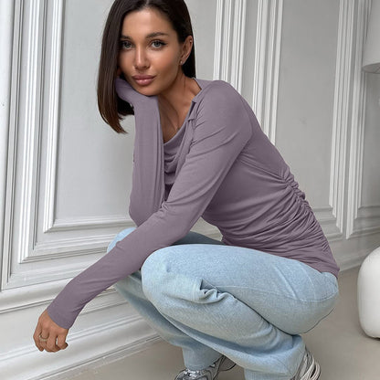 Top in Dusty Mauve with Draped Neck and Ruched Waist - dusty mauve seated side view