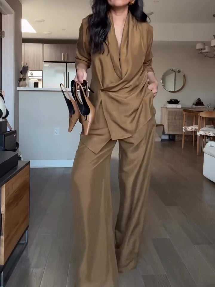 Satin Wrap Blouse & Wide-Leg Trousers Co-Ord in Camel - camel angled front view with wide-leg trousers