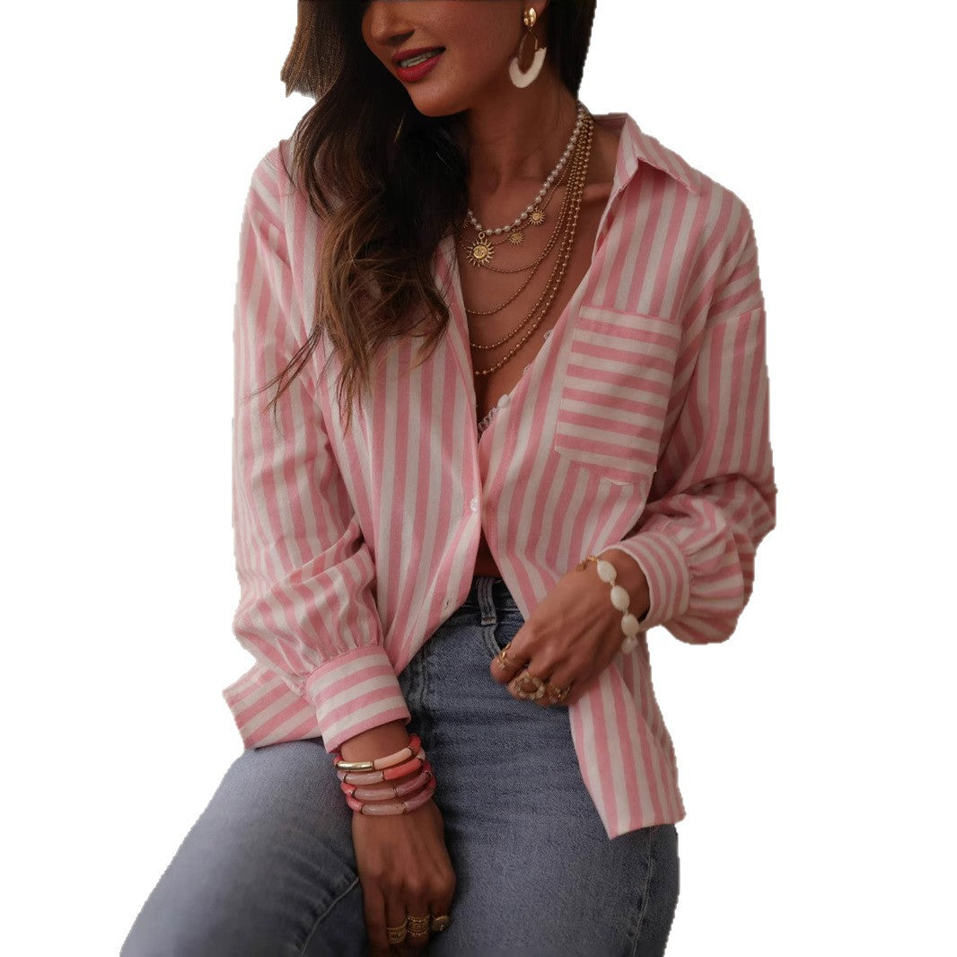 Shirt in Pink Stripe with Linen-Look Finish - pink front cutout view