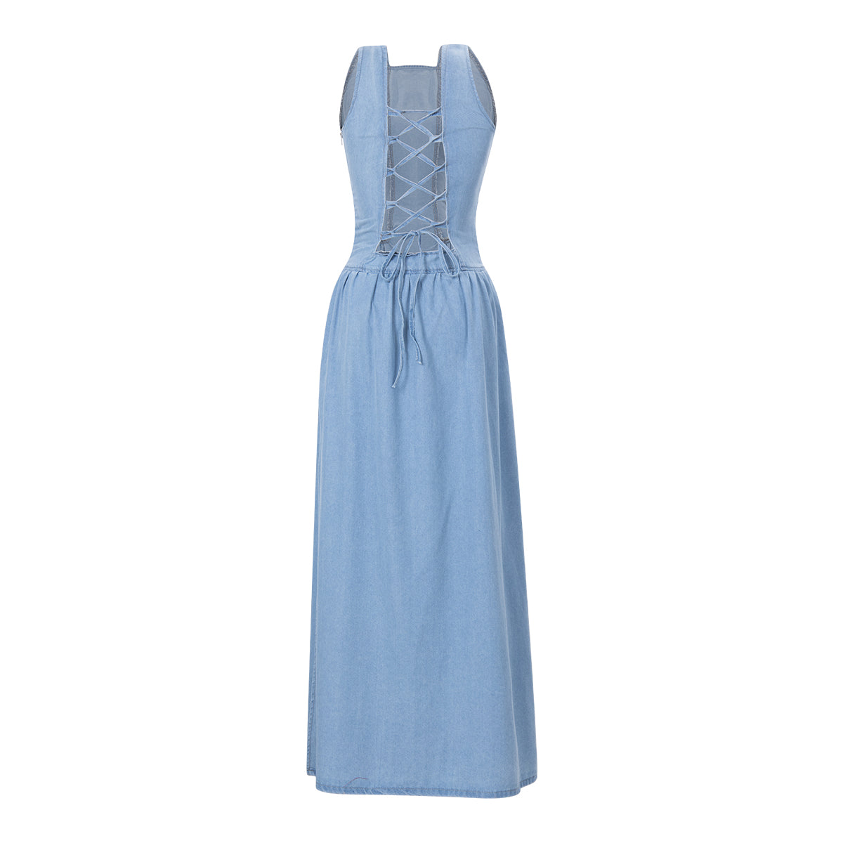 Maxi Dress in Denim Blue with Lace-Up Back - flat lay back view