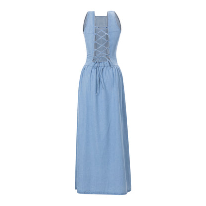 Maxi Dress in Denim Blue with Lace-Up Back - flat lay back view