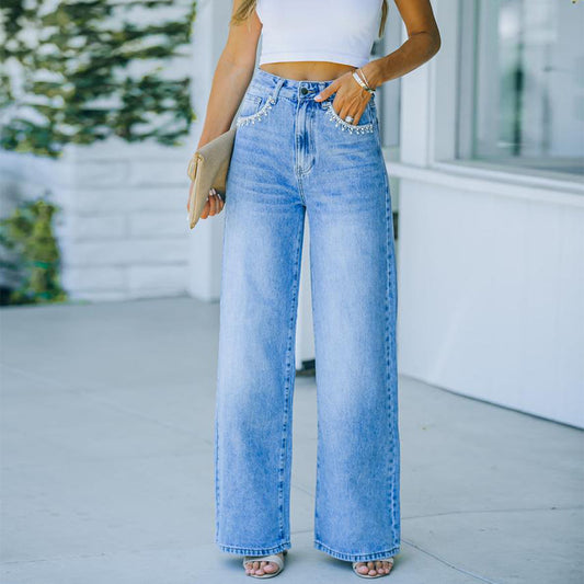 Wide-Leg Jeans in Light-Wash Blue Denim - blue front full length