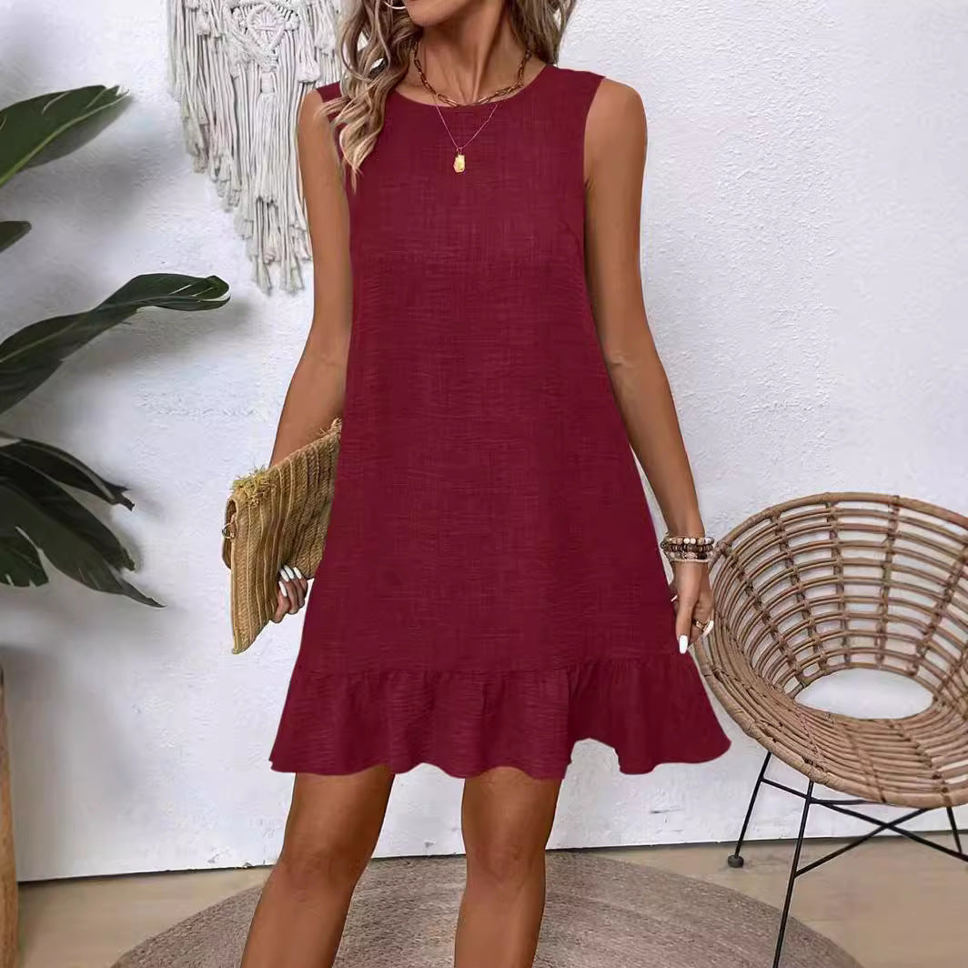 Mini Dress with Ruffle Hem and Sleeveless Swing Fit - rose red ruffle hem front view
