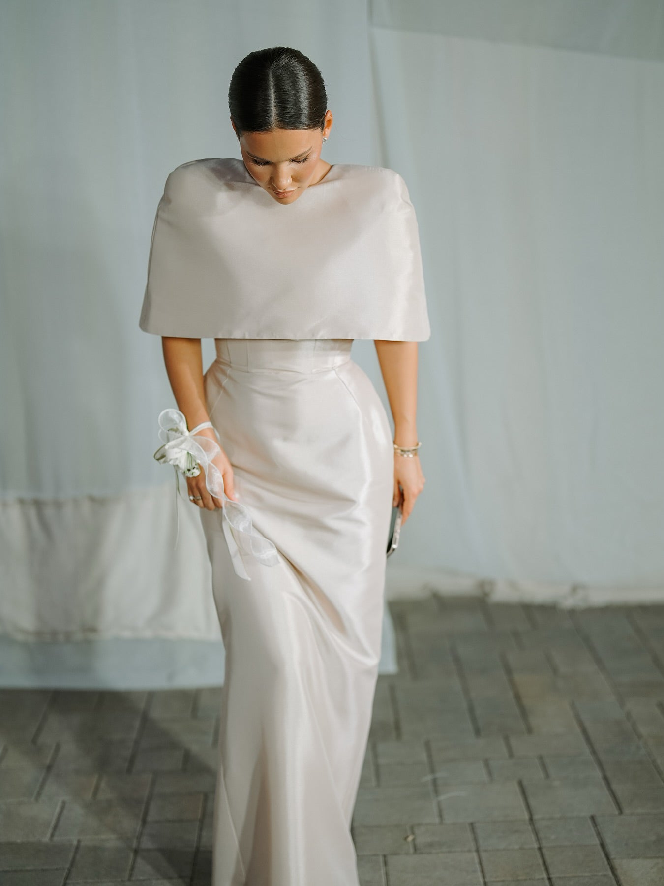 Cape-Style Top & Column Maxi Dress Set in Ivory Satin - ivory full-length indoor front view