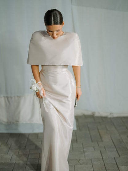 Cape-Style Top & Column Maxi Dress Set in Ivory Satin - ivory full-length indoor front view
