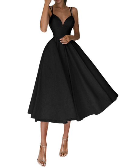Midi Dress with Plunge Neck and Low Back - Black front view
