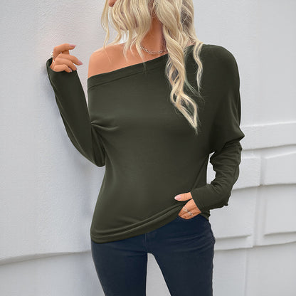Long Sleeve Top in Dark Green with Off-Shoulder Drape - dark green off-shoulder front pose