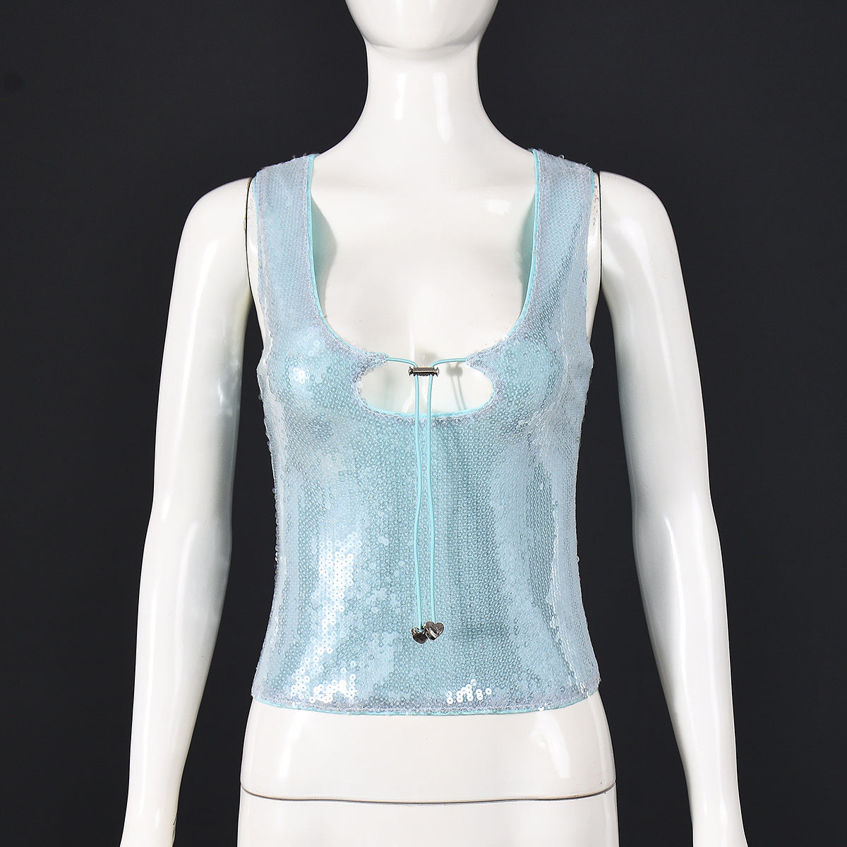 Sleeveless Top in Mint Green & Black with Sequin Cut-Out and Beaded Tie - mint green mannequin front