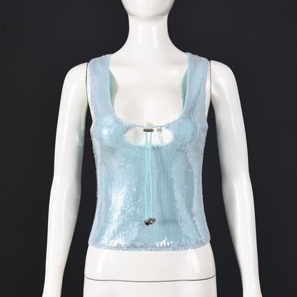 Sleeveless Top in Mint Green & Black with Sequin Cut-Out and Beaded Tie - mint green mannequin front