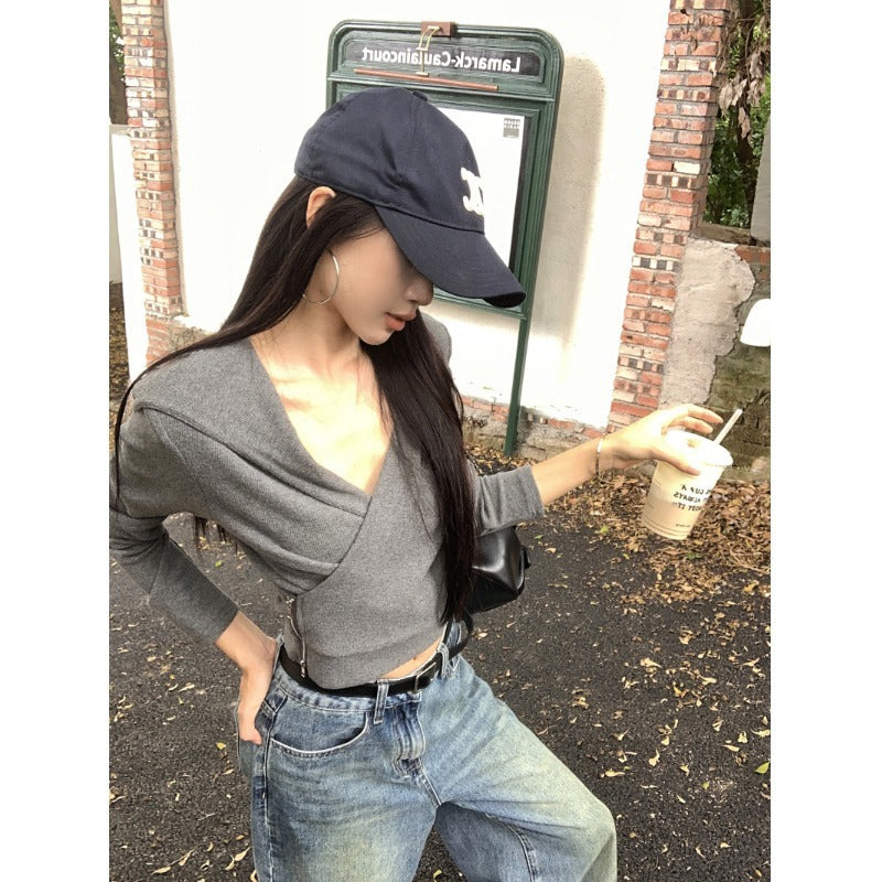 Crop Top in Grey with Wrap Front and Hood - grey side profile showing wrap front