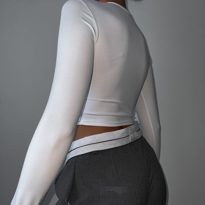 Crop Top in White & Black with Twist Front and Long Sleeves - white back view