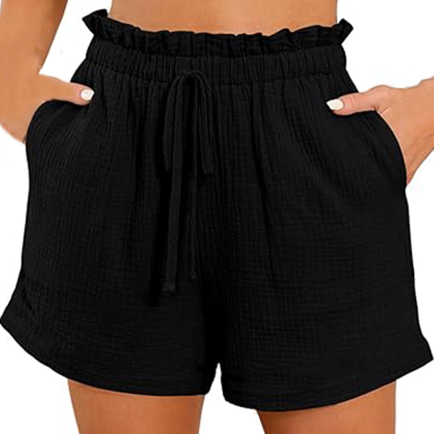 Shorts in Textured Cotton with Paperbag Waist - Black front view