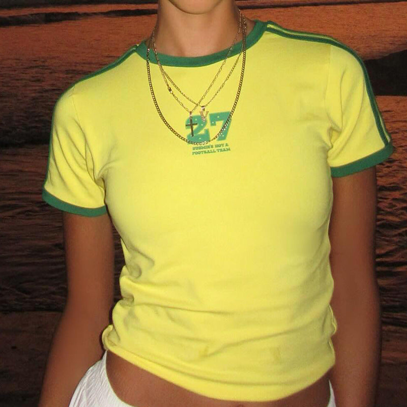 Graphic Crop Top in Y2K Contrast-Trim Styles - yellow 27 ringer tee front