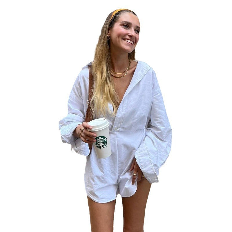 Shirt Playsuit in Powder Blue with Cinched Waist - powder blue studio view