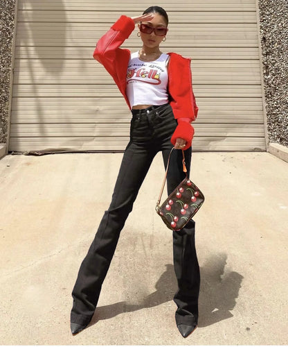 Bootcut Jeans with High Waist and Back Cut-Out - black full outfit front