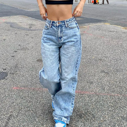 Jeans in Light Blue & Off-White with High-Waist Wide Leg - light blue front view