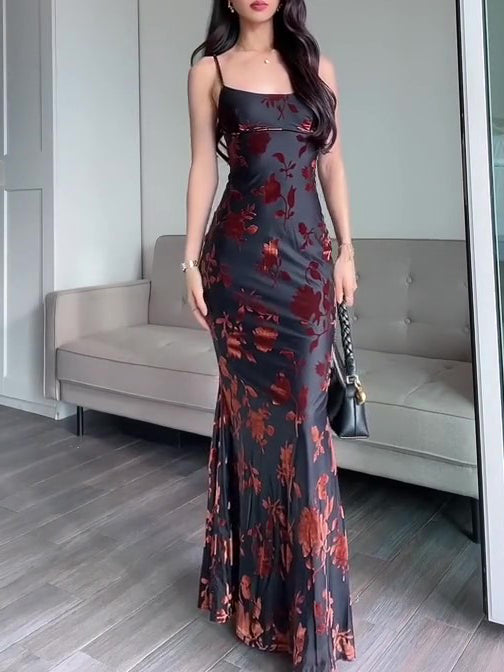 Flocked Floral Strappy Fishtail Maxi Dress in Black - black front view