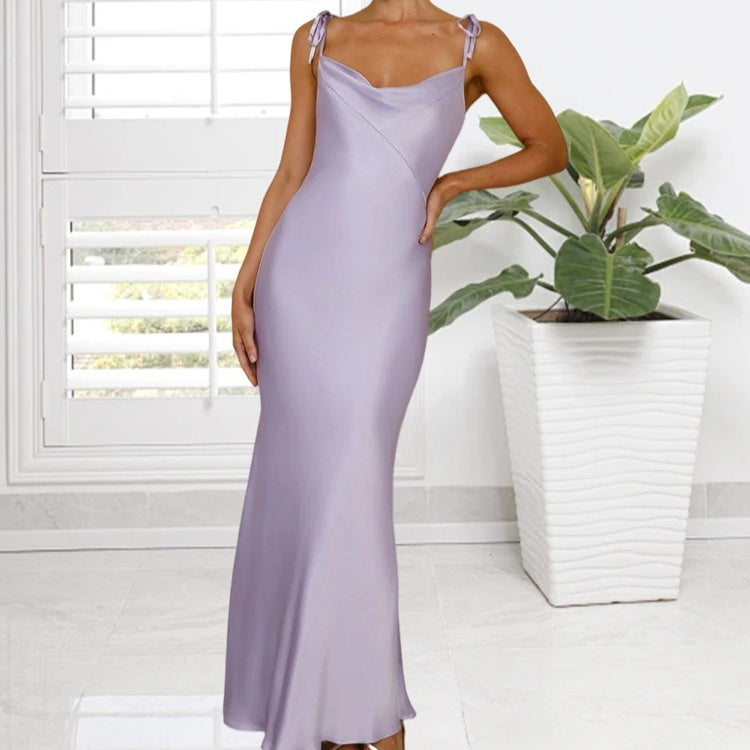 Maxi Dress in Satin with Tie-Shoulder Straps - Light purple front view