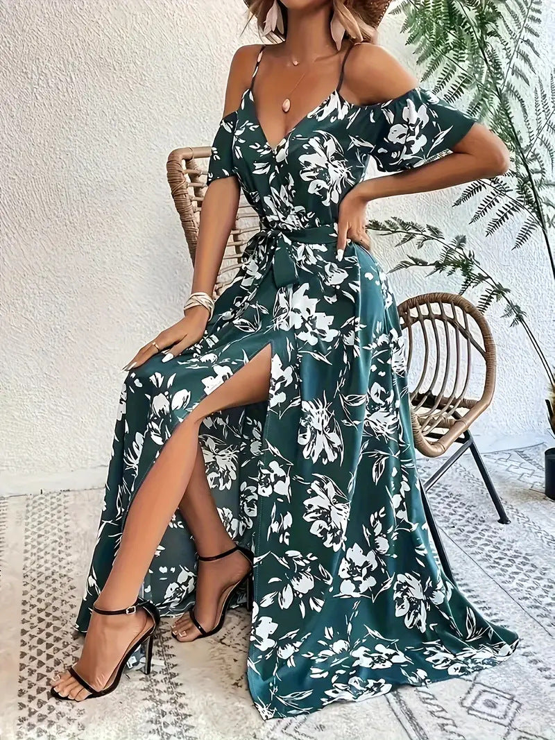 Maxi Dress in Floral Bardot Split-Hem - green seated split detail