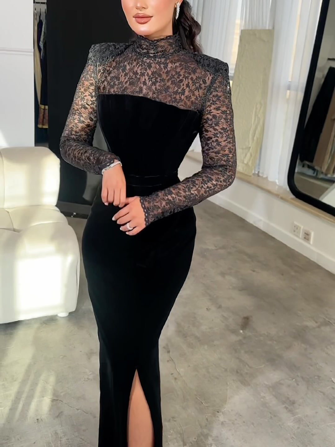 Bodycon Maxi Dress Set in Black Velvet with Lace Top - black full-length front view