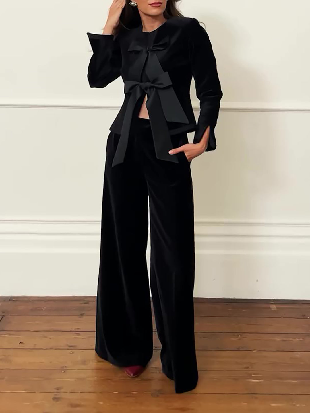 Black Velvet Bow Jacket & Wide-Leg Trouser Suit — full-length front view