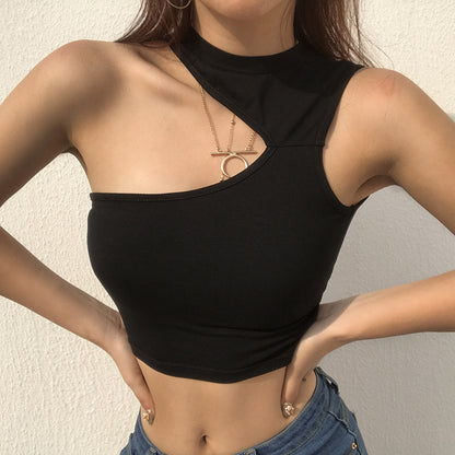Crop Top with Asymmetric One-Shoulder Neckline - black front view