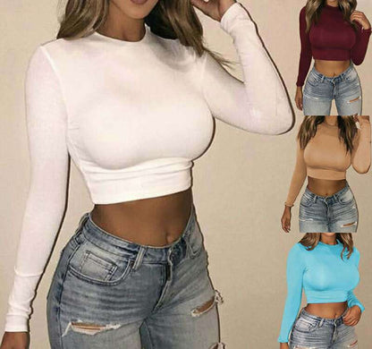 Crop Top with Long Sleeves in Second-Skin Stretch - white hero collage