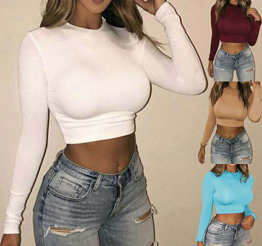 Crop Top with Long Sleeves in Second-Skin Stretch - white hero collage