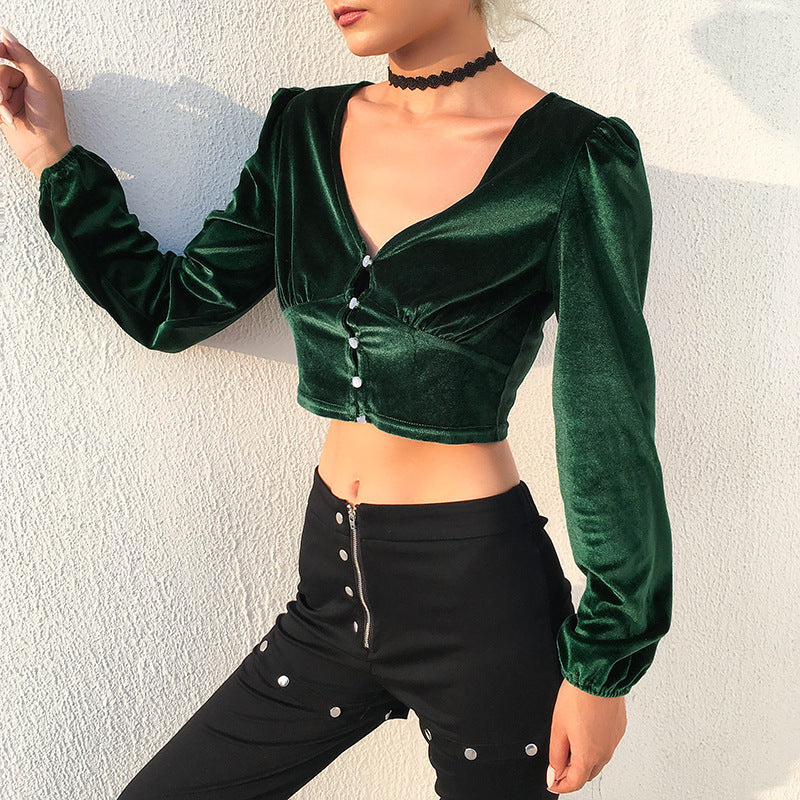 Crop Top in Emerald Green Velvet with Long Sleeves - front angle showing deep V neckline