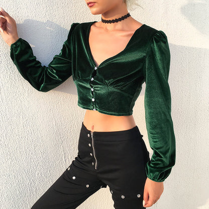 Crop Top in Emerald Green Velvet with Long Sleeves - front angle showing deep V neckline