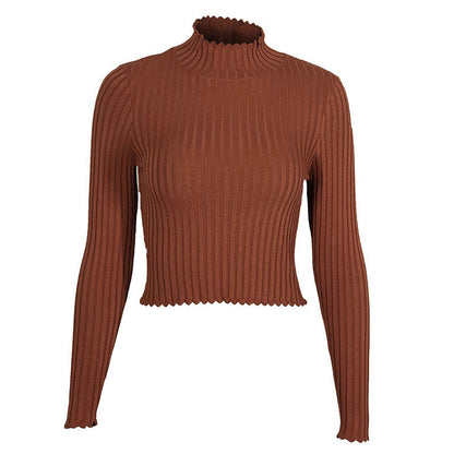 Top in Coffee with Ribbed High Neck and Scalloped Trim - coffee flat back