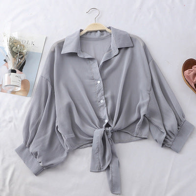 Cover-Up Shirt in Sheer Chiffon with Tie Front - grey front view
