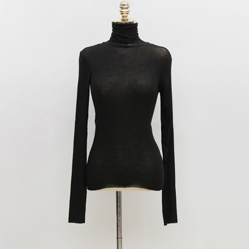 Top in Sheer Stretch Mesh with Turtleneck and Long Sleeves - black front view