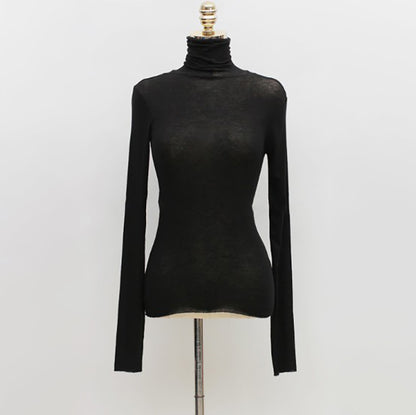 Top in Sheer Stretch Mesh with Turtleneck and Long Sleeves - black front view