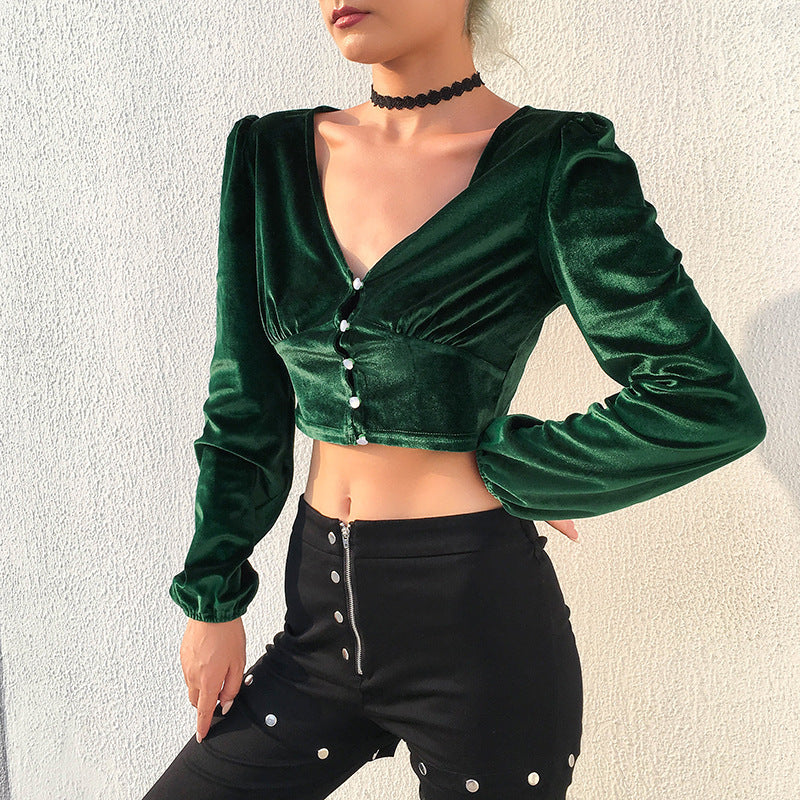 Crop Top in Emerald Green Velvet with Long Sleeves - angled front view showing cropped hem