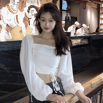 Top with Ruched Bardot Neckline and Lantern Sleeves - white full front view