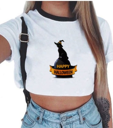 Crop T-Shirt in White with Graphic Print and Contrast Trim - white front with Happy Halloween cat print
