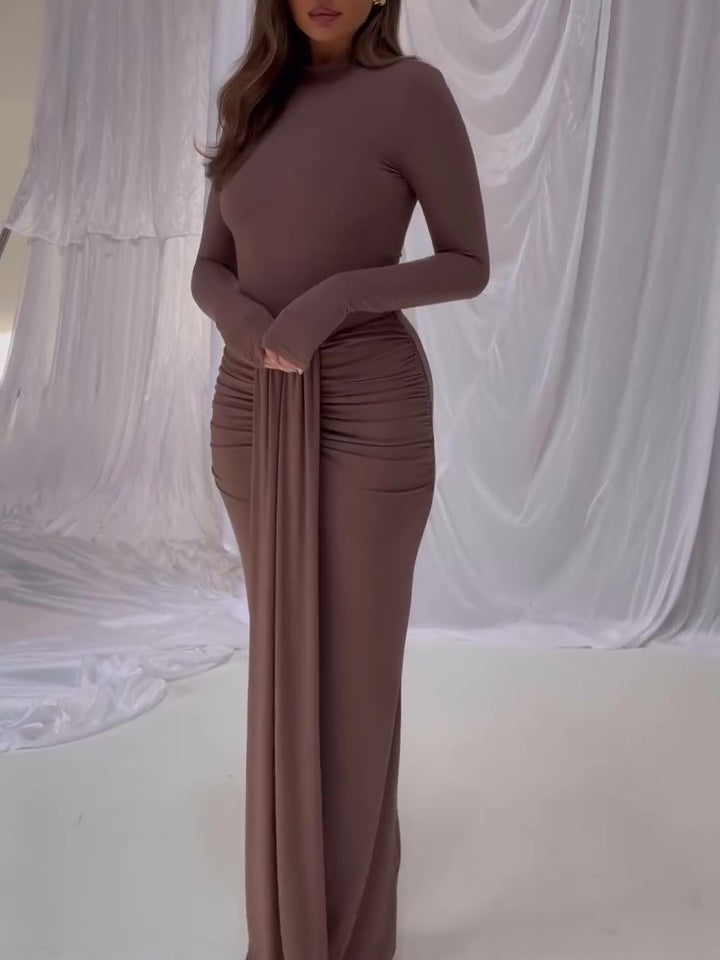 Maxi Dress in Brown with Long Sleeves and Ruched Hips - brown ruched hip detail front view