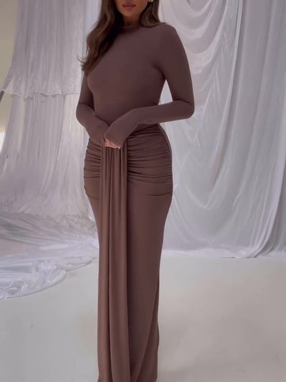 Maxi Dress in Brown with Long Sleeves and Ruched Hips - brown ruched hip detail front view