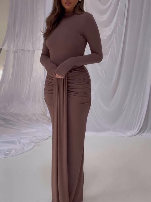 Maxi Dress in Brown with Long Sleeves and Ruched Hips - brown ruched hip detail front view
