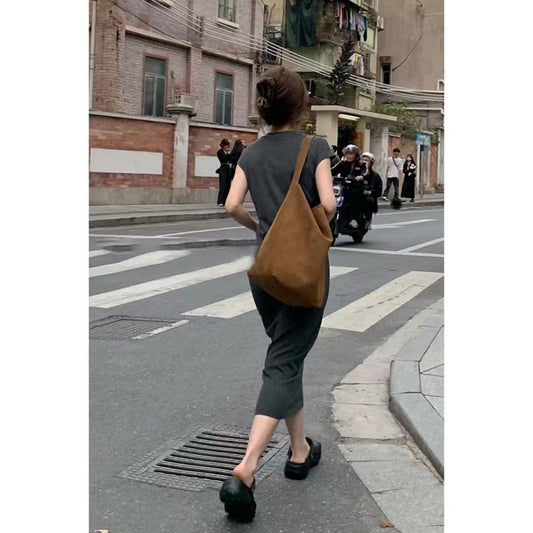 Maxi Dress in Charcoal Cotton Jersey - back view