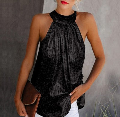 Halter Tunic Top in Metallic Pleated Finish - Black front view