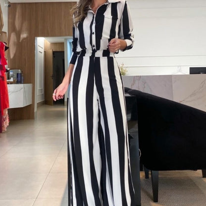 Shirt & Wide-Leg Trouser Co-ord in Black and White Stripe - front full-length