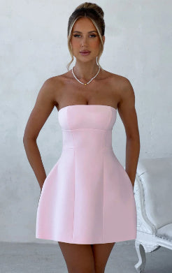 Mini Dress with Bandeau Neckline and Sculpted Skirt - pink front view