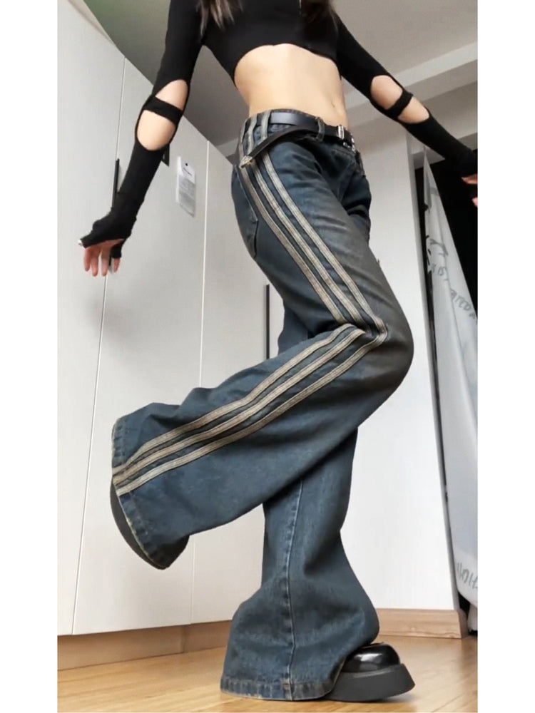 Jeans in Vintage Blue with Side Stripes and Flared Leg - vintage blue side view with stripe detail